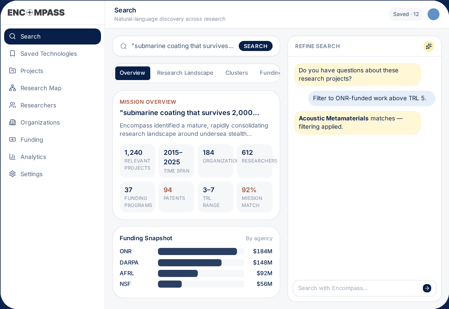 Encompass research workspace showing a mission search and results